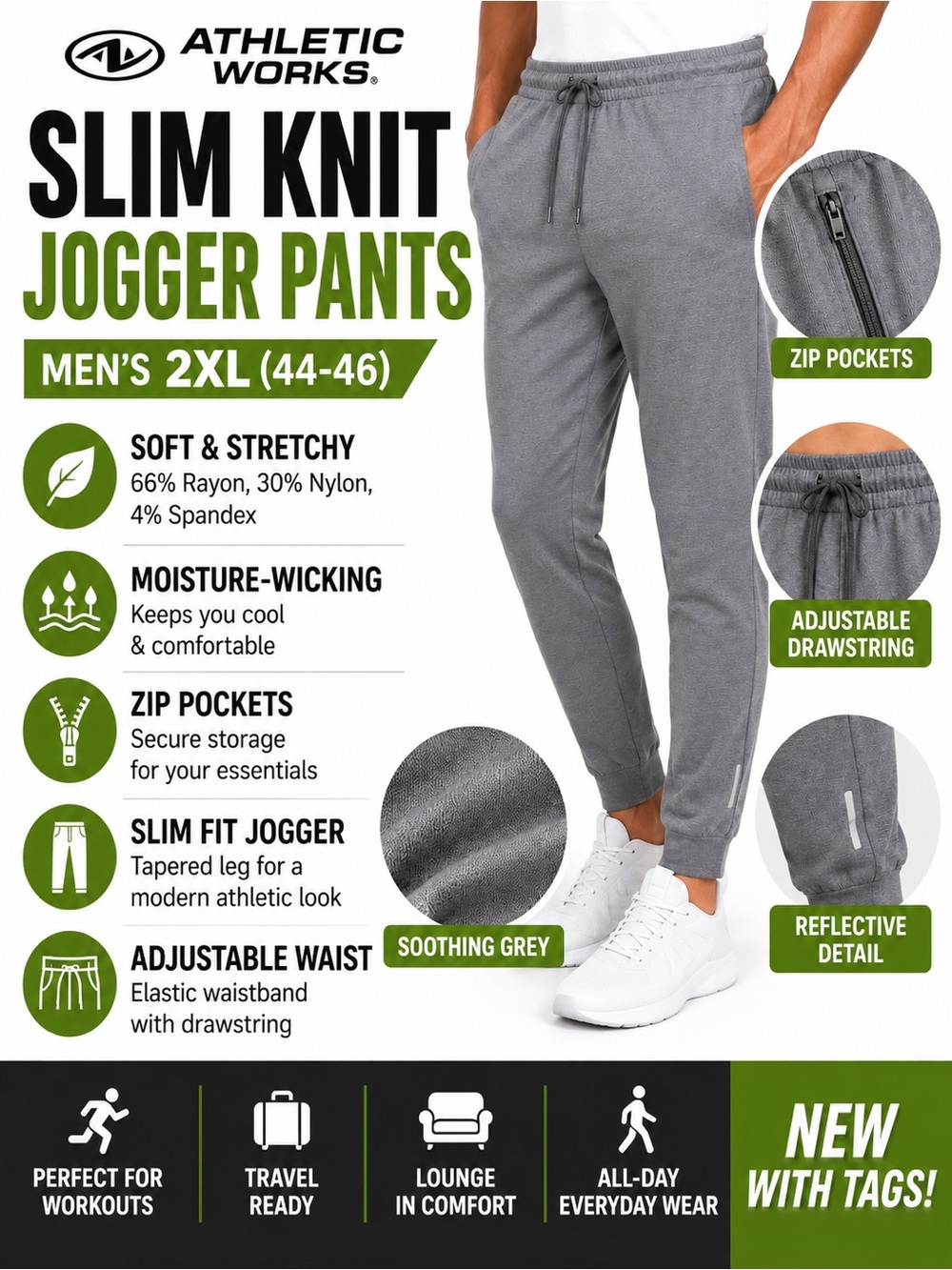 Athletic Works Men’s 2XL Slim Knit Jogger Pants Gray Stretch Zip Pockets NWT New